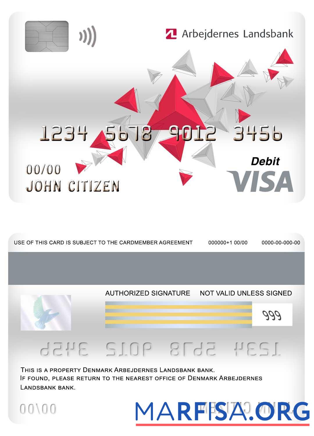 Realistic Denmark Arbejdernes Landsbank bank visa debit card sample
